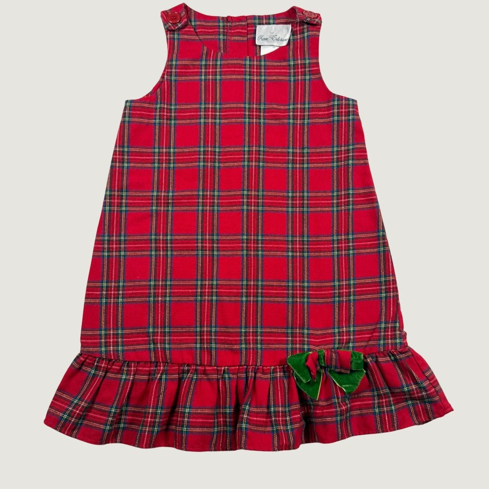 Rare Editions Girls Red Plaid Holiday Dress Size 5 Velvet Bow Ruffle Hem F768299